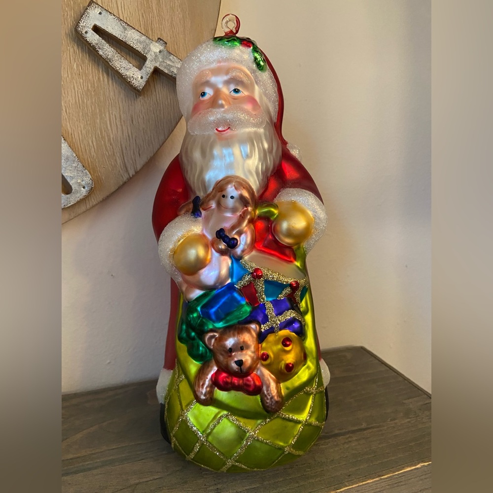 Vtg  11” Santa Claus Blown Glass Hand Painted Christmas Ornament Kitsch Holiday